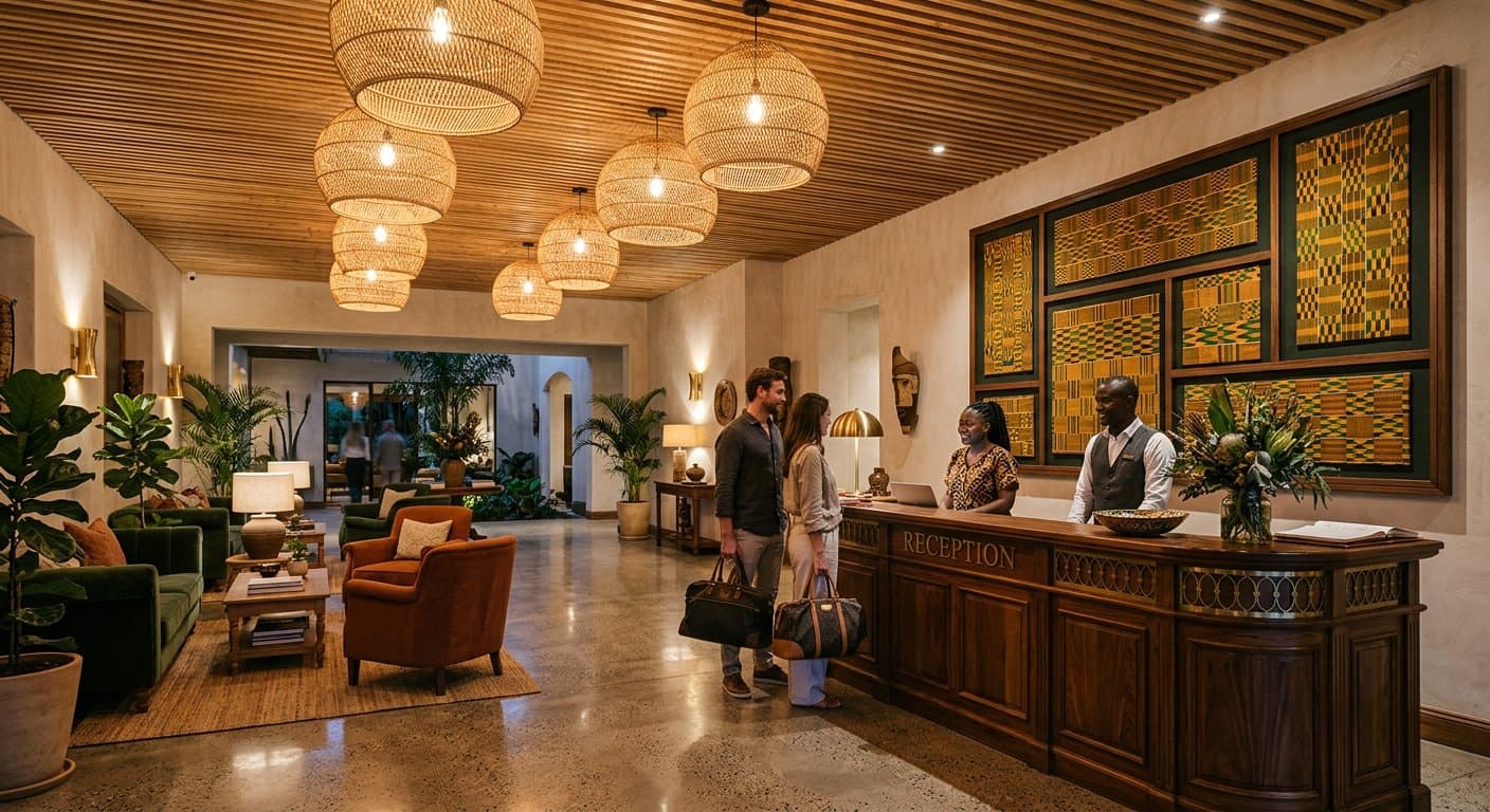 The warm reception lobby of Queen Elizabeth Hotel